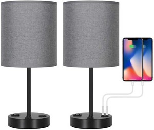 Set Of 2 Bedside Nightstand Lamp With Usb Charging Ports And Ac Plug For Bedroom Ebay