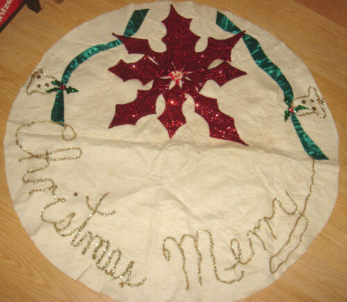 1950's VTG Hand Crafted Felt Christmas Tree Table Skirt Sequin Poinsettia Kitsch - Picture 1 of 6