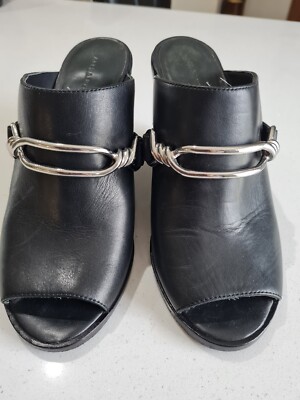 All Saints Black Leather Wedge Slip On Mules Size Silver Hardware  Gorgeous UK
