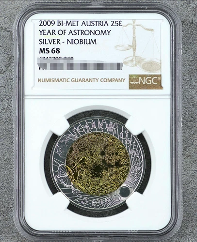 NGC MS 68 2009 BI-MET AUSTRIA 25E YEAR OF ASTRONMY SILVER-NIOBIUM Coin