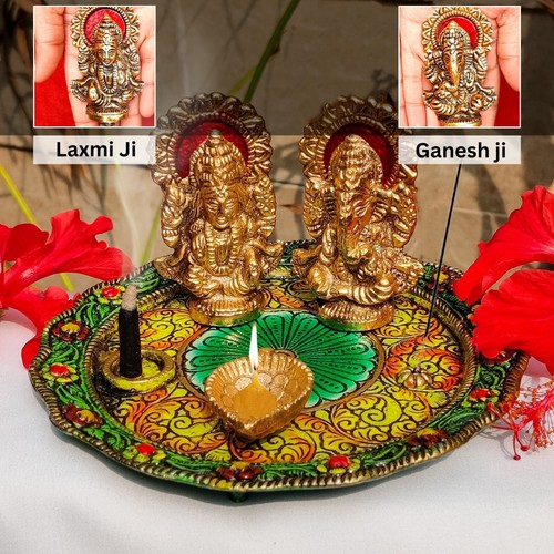 NEW! Pooja Thali Set Combo with 10 Diya Small 5.5" Multi Color Puja Essentials - Picture 8 of 12