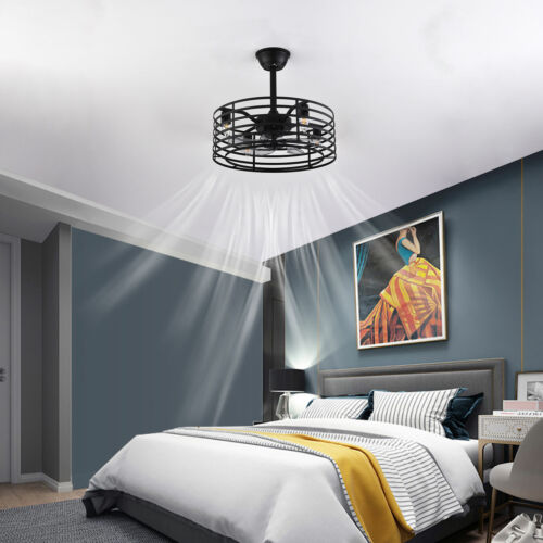 20" Farmhouse Ceiling Fan with Remote Rustic Metal Cage Pendant Light Fixture