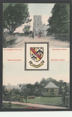 Postkarte Burnham am Meer bei Weston Super Mare Somerset zwei Ansichten Stadtwappen