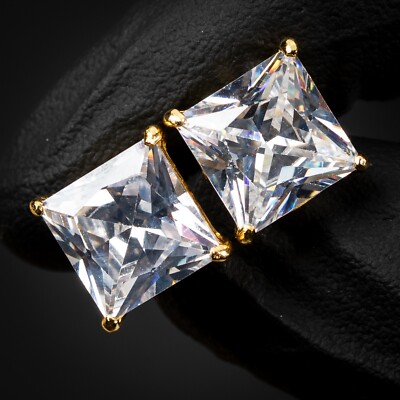 Large Yellow Gold Sterling Silver Square Princess Cut Stud Screw