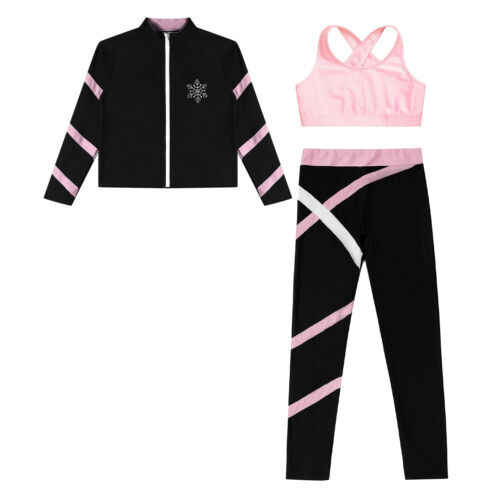 Kids Girls Tracksuit Skating Fleece Jacket and Dance Crop Top with Pants Set - Picture 22 of 42