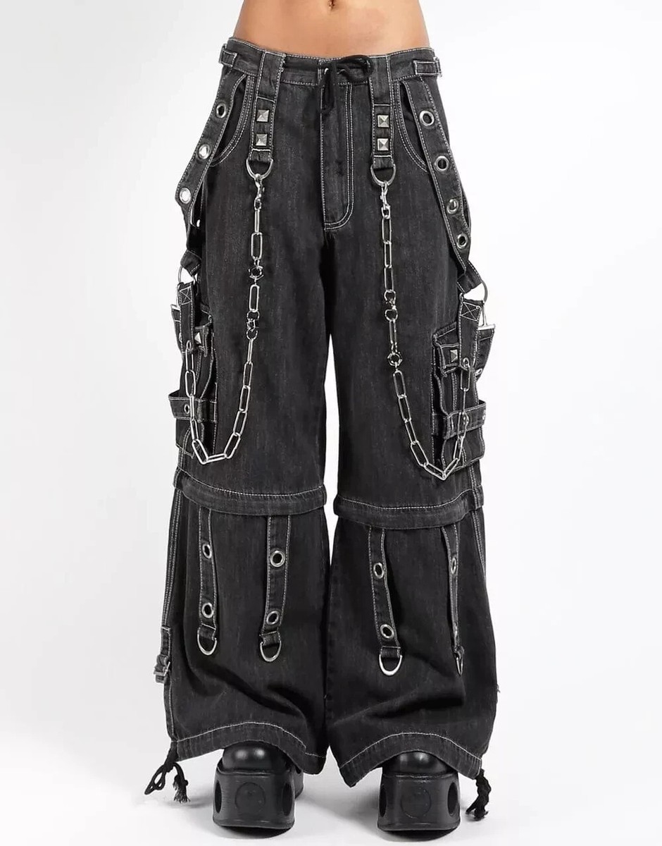 Unisex Goth Cargo Pant with Chains & Strap Denim Punk Emo Wide-Leg