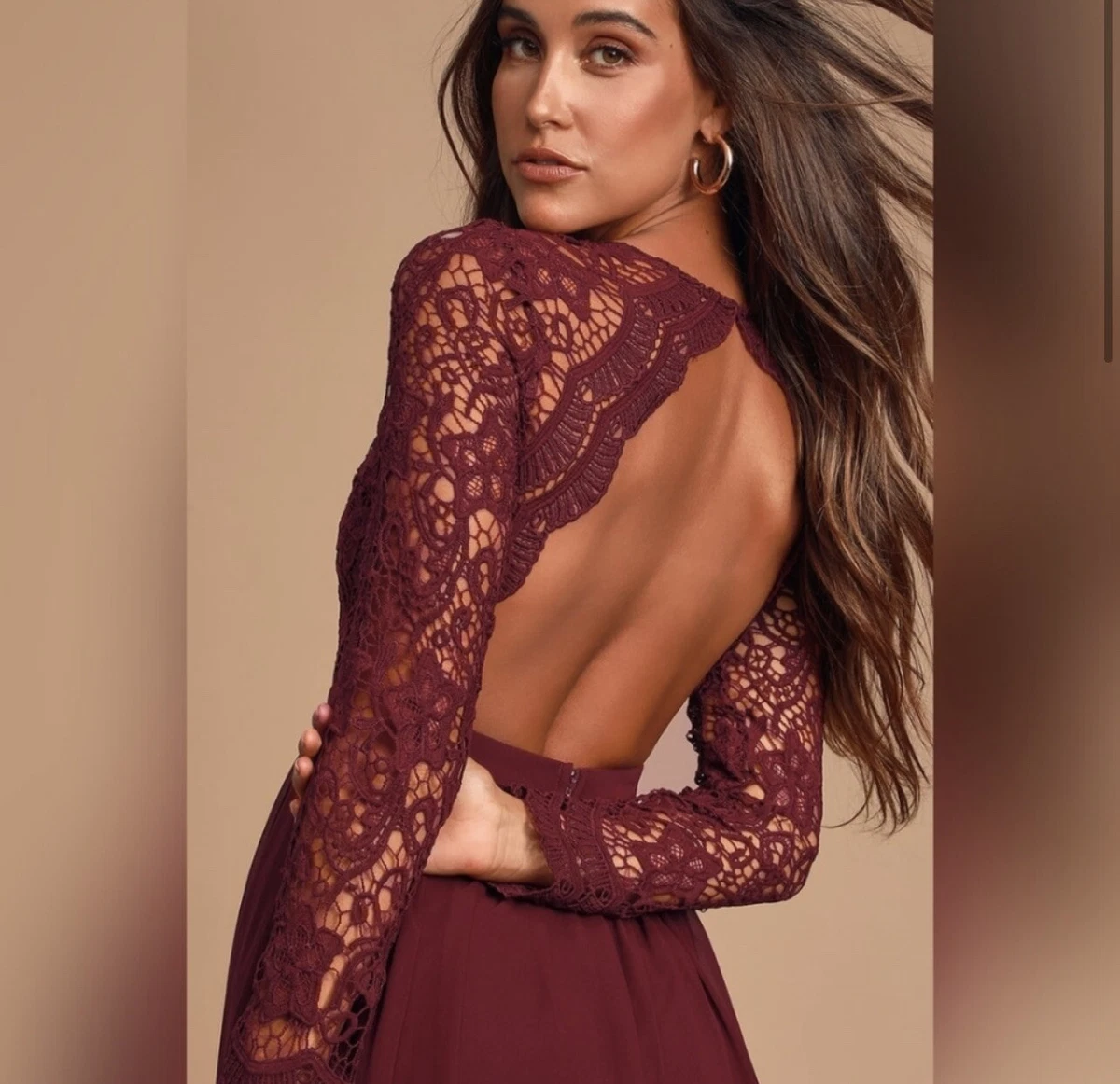 NWT Lulu s Awaken My Love Burgundy Long Sleeve Lace Maxi Dress SZ