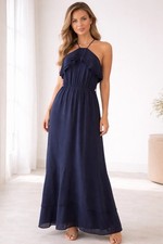 H&M Navy Halter Maxi Dress Size 6 Lined Pockets Elegant Formal Evening NWT