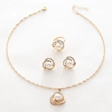 Shining 3pcs/Set Golden Flower Wrapped Pearl Pendant Necklace Earrings & Ring