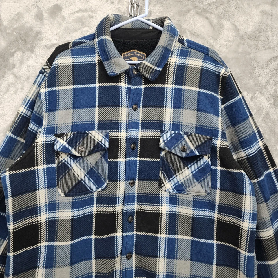 Chaqueta Freedom Foundry Hombre XXL Azul Gris A Cuadros Felpa Vellón Sherpa Forrada Chamarra Foto 2 de 4