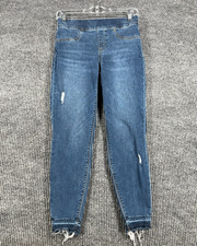 Spanx Jeans Womens Small Petite Blue Distressed Ankle Skinny Pull On Denim Casua
