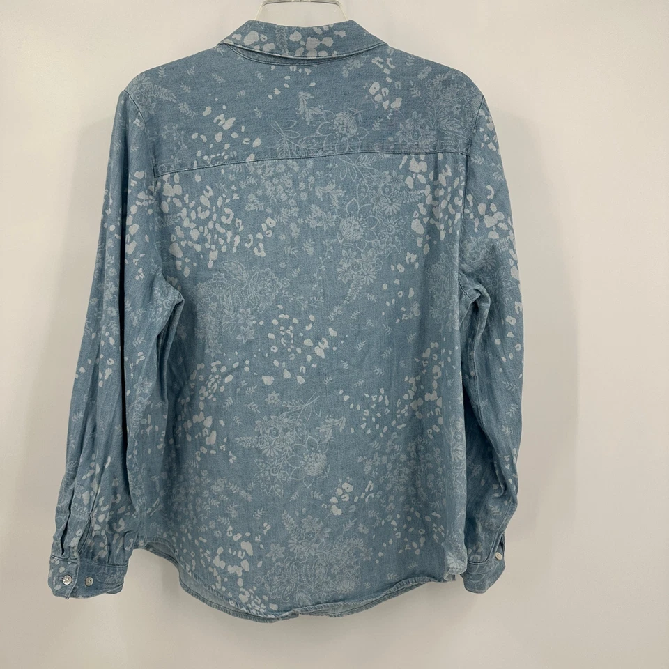 Chicos Womens Button Up Shirt Size 2 US L Hemp Blend Chambray Boho Casual Floral - Image 2 of 4