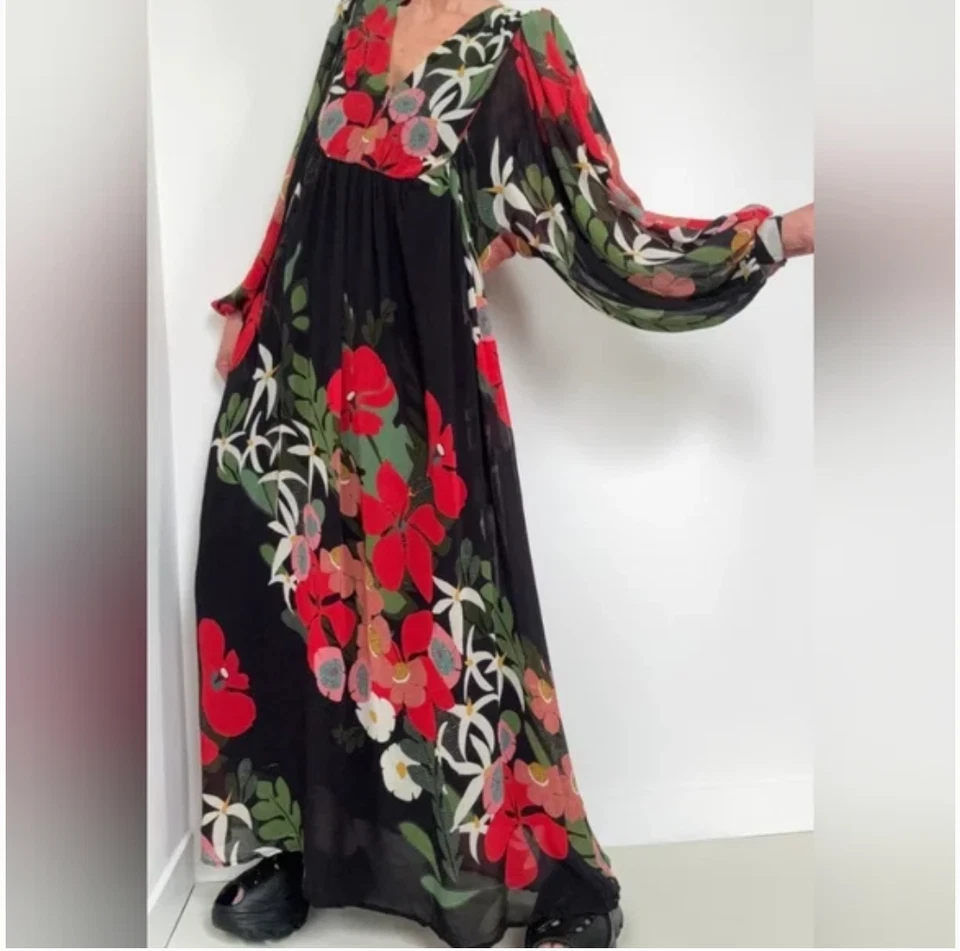Farm Rio x Anthropologie Long-Sleeve V-Neck Floral Maxi Dress size S - Image 2 of 4