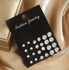 Crystal Stud Earrings Set 20 Pairs Clear Round Cubic Zirconia Silver Tone