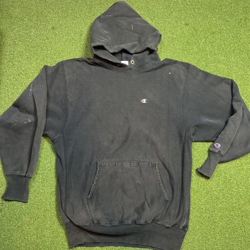 Vintage Champion Reverse Weave Hoodie Men 2XL XXL Black USA Blank 90s Sweatshirt