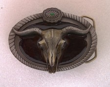 Vintage Pewter Belt Buckle Bull Skull Longhorn Cow Design Rope Border