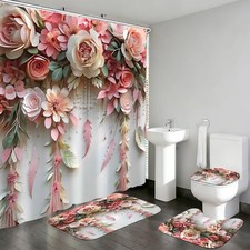 Pink Flower Bathroom Shower Curtain Set, Romantic and Cute Rose Floral Polyes...