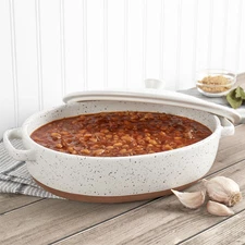 3.2 Quart Speckled White Oval Casserole Pan Baking Dish with Lid and Handles