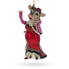 Elegant Cow Sipping Red Wine Blown Glass Ornament