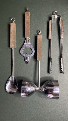Bar Werkzeug Set, Eiszange, ein Jigger, Flaschenöffner, & Löffel mit dunklem Holzgriff