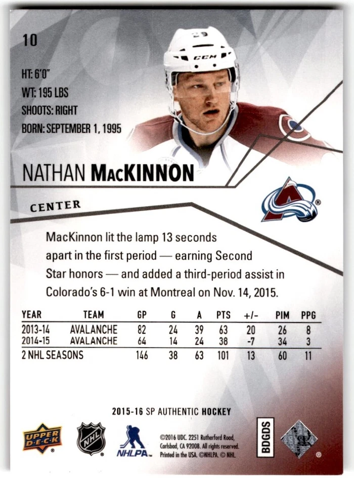 2015-16 SP Authentic Nathan MacKinnon #10 Colorado Avalanche - Image 2 of 2