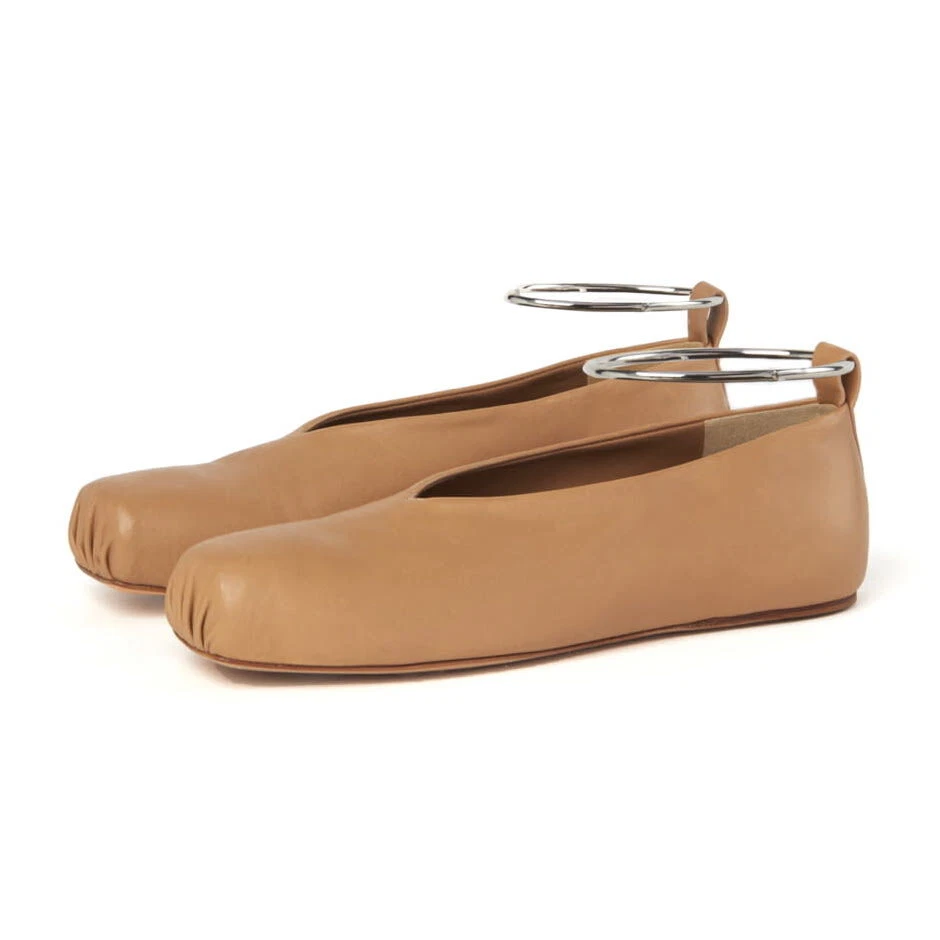 JIL SANDER Leather Ballerinas Ballet Flats Square Toe in Camel Size 40