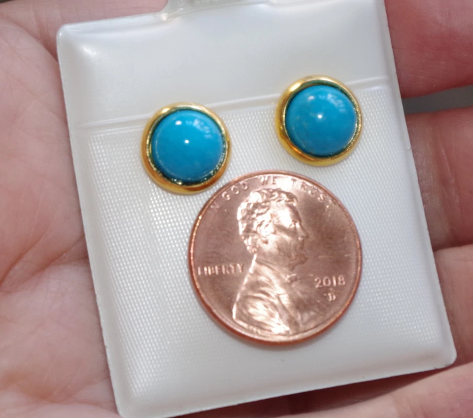 Качество AZ бирюзовый круглый купол 10 мм винтажный запас 14K GF серьги-гвоздики - Изображение 3 из 4