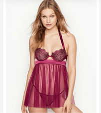 Victoria s Secret NWT Eyelash Lace Babydoll Lingerie Burgendy 36C 80
