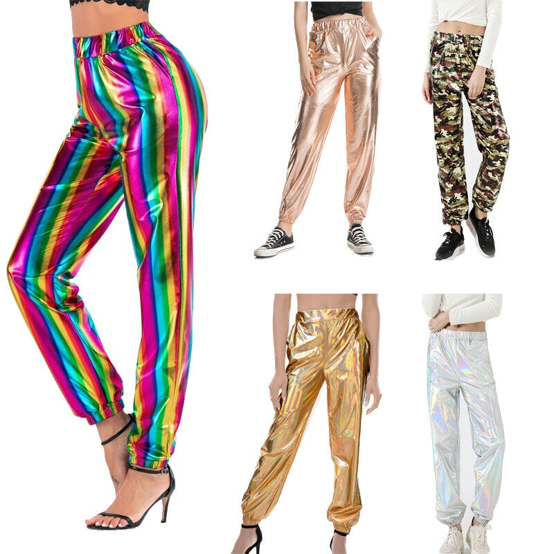 Lady Faux Leather Shiny Metallic Jogger Pants Hip Hop Trousers Clubwear  Pants | eBay