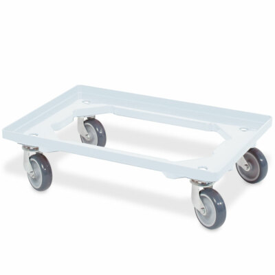 BRB 10 Eurobehälter 600×400×90 Mm + 1 Transportroller – Lebensmittelecht, Durchbrochen, 15 L Fassungsvermögen, Stapelbar, Weiß, Inkl. Roller Mit 250 Kg Tragkraft