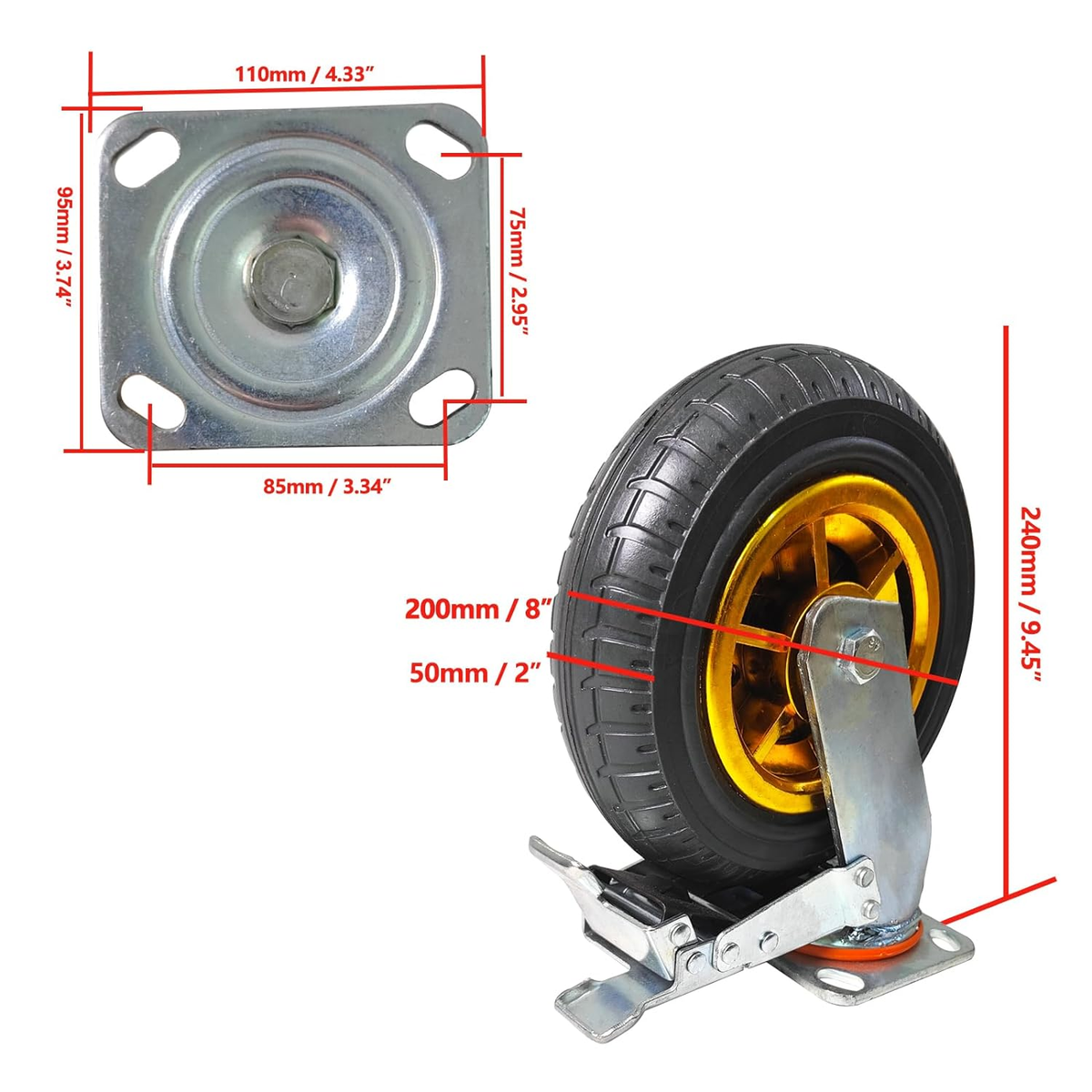 Casters Wielen, krachtige rubberen wielen met ijzeren kern, stille en schokdempende afzonderlijke wielen, geschikt voor tijgerauto's, vrachtwagens enz., 10 cm, 10 cm, 15 cm, 15 cm, 20 cm