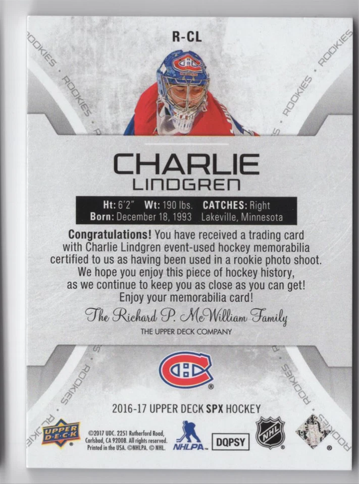 2016-17 SPX ROOKIE JERSEY Charlie Lindgren /235 Montreal Canadiens #R-CL - Image 2 of 2