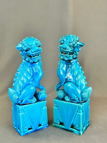 2 statue cinesi porcellana smaltata turchese foo fu cani leone 10" c. XX secolo - Foto 9 di 20