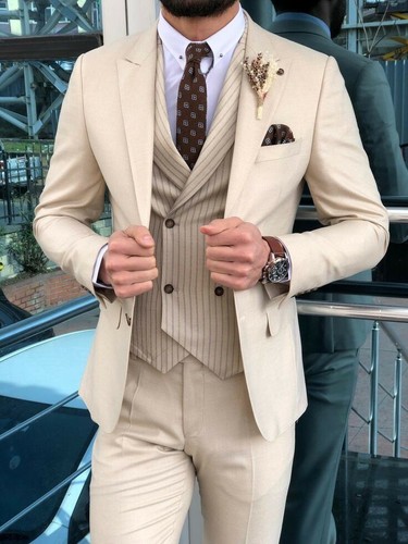 Hombre Traje Beige 3 Piezas Pico Solapa Formal Fiesta Baile de graduación Novio Esmoquin Boda Personalizado - Imagen 2 de 9