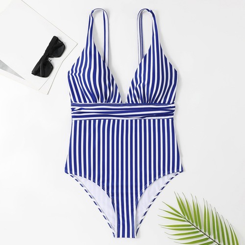 Sexy One-piece Bikini Slim Fit Swimsuit Striped Print V-neck Monokini for Women