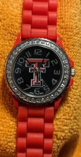 Ladies Texas Tech Watch Rhinestones Black Dial Red Case Silicone Band (Rc1)