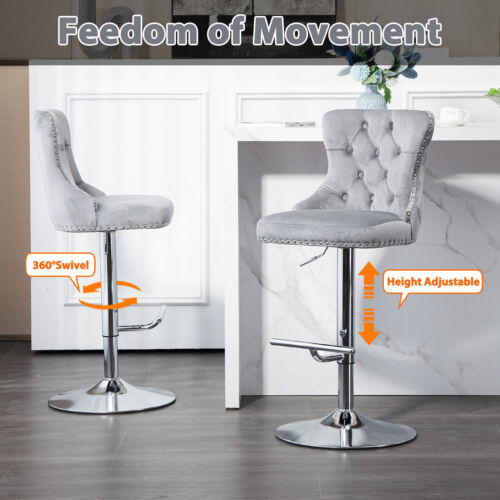 Set of 2 Bar Chairs Modern Pub Stools Height Velvet Upholstered Swivel Barstools - Picture 12 of 15