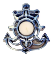 Bay Pottery Hand Crafted Navy Glaze Anchor Tea Light Holder With Candle