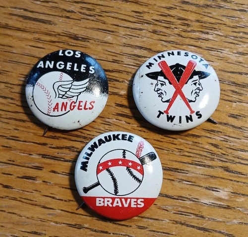 1961 Crane Potato Chips Vintage Baseball Pins Lot (3) mit Zwillingen, Engeln & Braves
