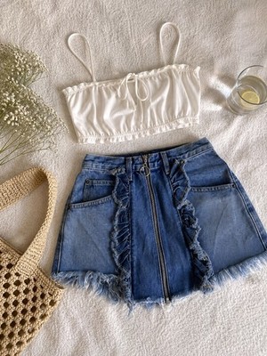 CARMAR Denim Ruffle Frayed Mini Skirt Blue High Rise Size 25