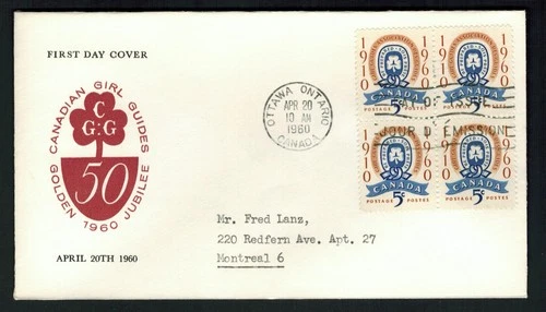 Canada #389, 1960 5¢ Girl Guides block of 4, Caneco cachet FDC VF - logo on back