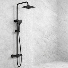 Matt Black Thermostatic Shower System 200mm Square Drencher Head with Handset