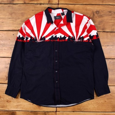 Vintage Roper Western Snap Hemd L Herren 90s Baumwolle Navy Grafik Cowboy Blau