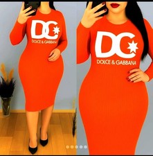 Dolce & Gabbana Women's Knit Bodycon Midi Dress (Orange), Only 2 Left