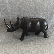 Vintage Hand Carved Dark Wooden Rhino Rhinoceros Ornament Figurine