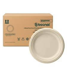 BOSNAL 10 Inch Round Compostable Plates – Bulk Box of 500 Pcs (20 Sets of 25)