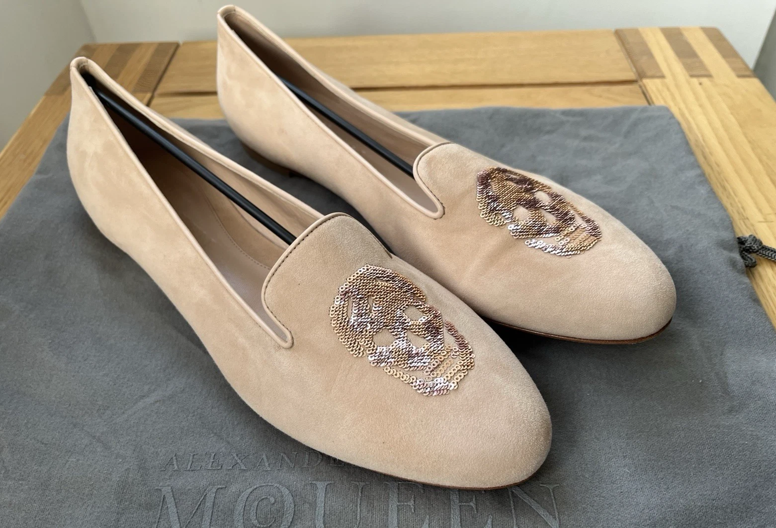 Mocassini donna Alexander McQueen slip on paillettes logo teschio rosa chiaro scamosciati 40 5