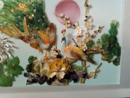 Orientalische Handarbeit Perlmutt Pfauen Landschaft signiert, - Bild 5 von 6