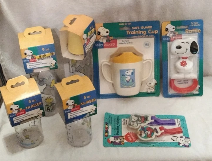 Vintage Baby Snoopy Baby Bottles, Training Cup, Rattle & Pacifier Holders Unused