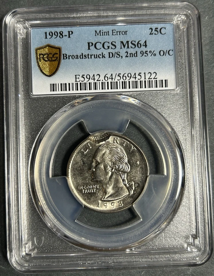 PCGS MS64 1998P Washington Quarter Broadstruck Double Struck Off Center Error - Image 2 of 3